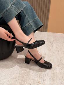 Xin Jing Shoes 秋冬女士编织圆头粗跟穆勒鞋，休闲及办公场合皆宜，优雅玛丽珍鞋款，派对必备 - 黑色 - 查看 2