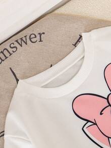 女婴可爱卡通猫咪印花长袖圆领卫衣 + 褶皱喇叭裤套装 - 白色 - 查看 7