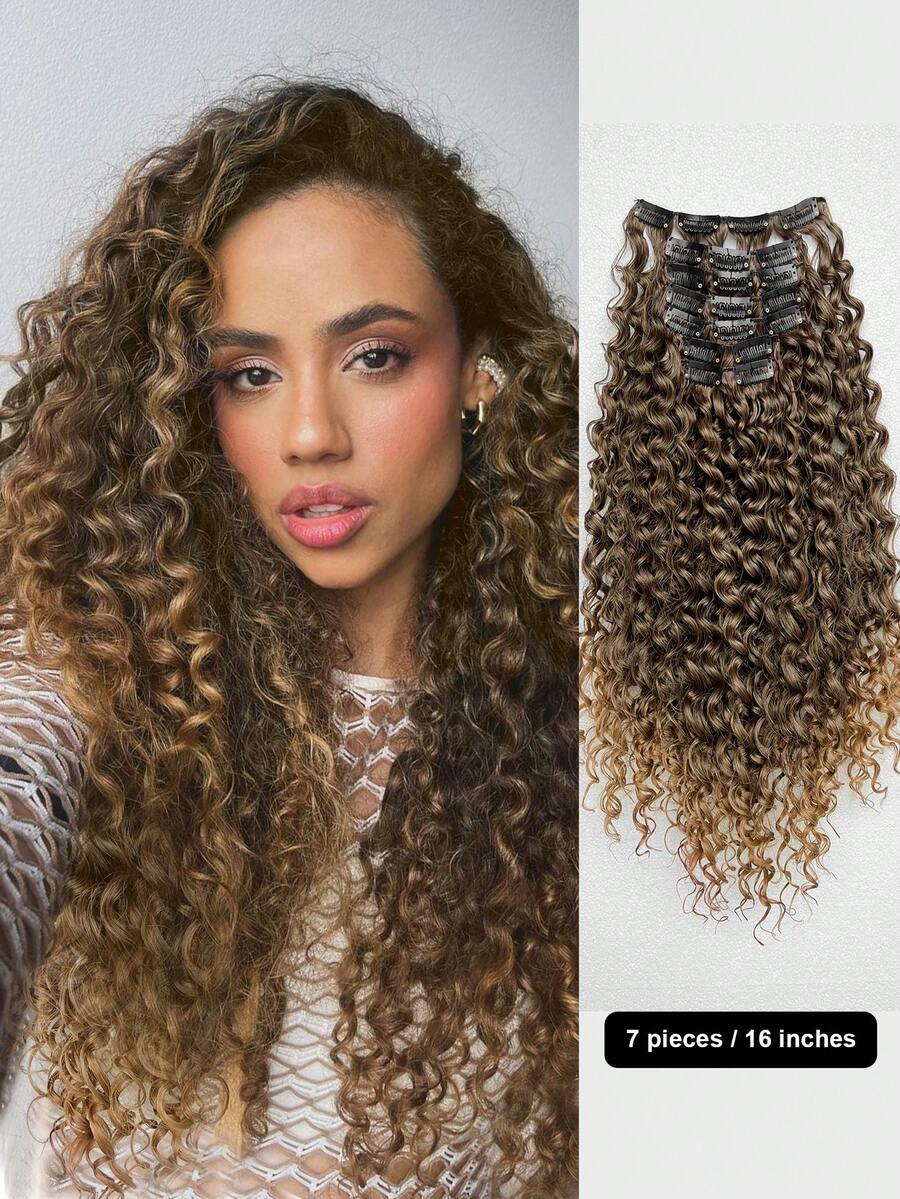 Extensiones de cabello sintético rizado de 18 pulgadas y 7 piezas, color negro natural/marrón claro, adecuadas para uso diario de mujeres y niñas - Marrón degradado - Ver 1