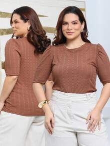 Women's Plus Size Slim Lesse Short Sleeve Social Casual Comfort Blouse - Rust Brown - View 2