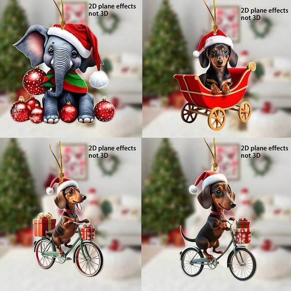 1 2D Flat Acrylic Sausage Dog And Elephant Patterned Holiday Pendant Wearing A Christmas Hat, Suitable For Christmas, And Birthdays - Perfect For Car Mirrors And Christmas Trees. The Acrylic Pendant Is Suitable For Christmas Tree Decoration, Backpacks, Keychain Decorations, And Christmas Tree Decorations Home Decor Christmas Decorations Room Decor