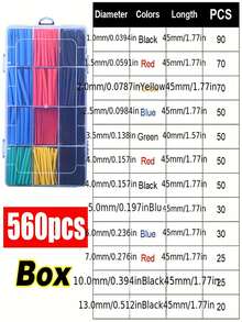 164 piezas-560 piezas Tubo termorretráctil 2:1, Eventronic Envoltorio de cable eléctrico, Kit surtido de tubo termorretráctil de aislamiento eléctrico, Kit surtido de tubo de manga cable para bricolaje - Negro - Ver 9
