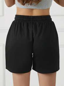 3 件纯色休闲短裤，抽绳松紧腰跑步健身短裤，女士运动服 - 黑色 - 查看 2
