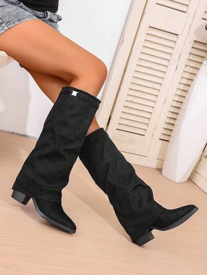 Chunky Heel Retro Women's Western Boots, New Autumn/Winter Flared Leg Boots, Pointed Toe Tall Boots, High Heel Riding Boots, Fashionable & Versatile Flow,Black Boots