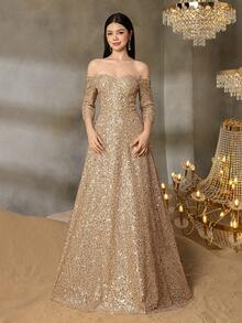 Alisa&Leo Teen Off-Shoulder Sequin Evening Gown With Three-Quarter Sleeves & Flowy A-Line Silhouette | Sparkling Formal Dress For Gala Dinners, Red Carpet Events, Graduation Balls, Black-Tie Weddings, And Award Ceremonies - 香檳色 - 查看 5