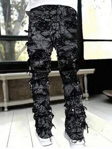 Fashionable Tassel All-Over Print Casual Slim Fit Jeans For Teenagers - Black - View 2