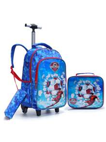 BLING BABIES 3pcs/Set Rolling Backpack, Sky Blue Football Pattern, Student School Bag With Lunch Box And Pencil Case, Suitable For Daily Commute, Reflective At Night - Royal Blue - View 2