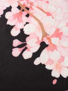 日本复古花卉印花羽织和服开衫，宽松男女通用轻便外套，适合春夏季、海滩、旅行、休闲街头风格 - 黑色 - 查看 4