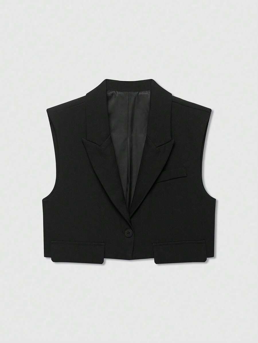 Áo khoác vest không tay cổ bẻ màu trơn dành cho nữ, kiểu dáng thường ngày, màu đen, thích hợp cho mùa xuân. - màu đen - Xem 1