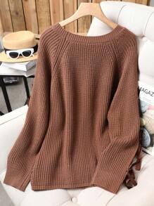 大码休闲圆领蝴蝶结撞色针织套头衫 - 棕色 - 查看 2