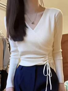白色抽绳 V 领针织汗衫，修身短款长袖毛衣上衣，女士秋季 - 白色 - 查看 4