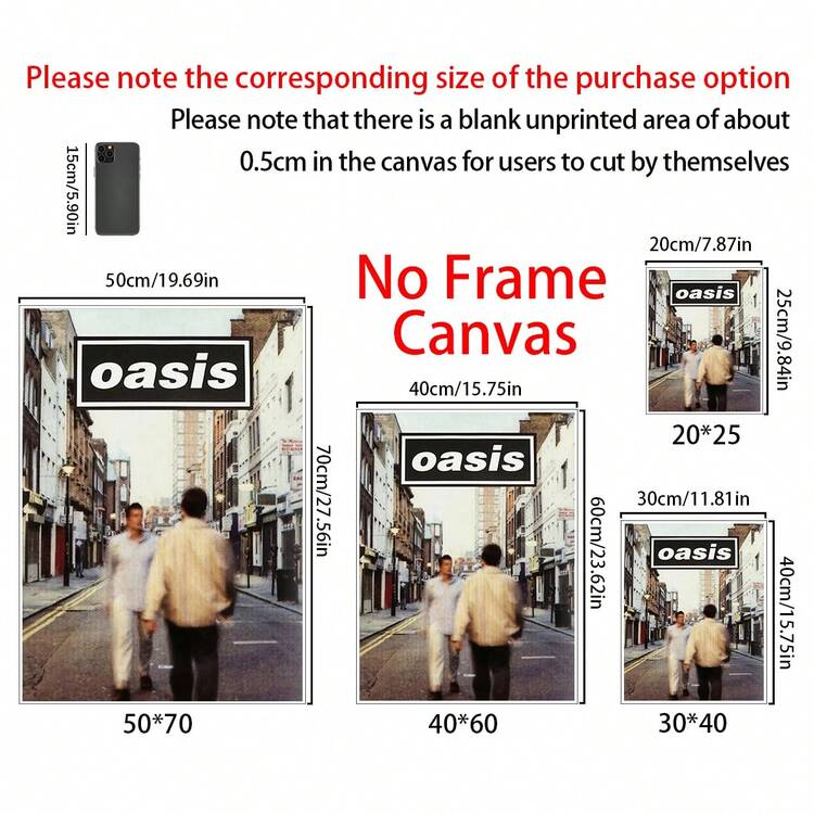 1张帆布墙贴艺术海报，灵感源自绿洲乐队专辑，采用天蓝色、姜黄色、混合色调、白色、粉色和黑色等明亮色彩。它是客厅和卧室音乐爱好者的完美装饰品。帆布墙贴艺术海报，房间海报，家居装饰，房间装饰美学，房间装饰用品。可选配画框 - 1pc - 查看 2