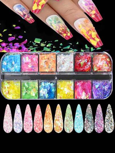 1 盒美甲闪光聚酯薄膜片不对称亮片玻璃片铝箔装饰 12 种颜色