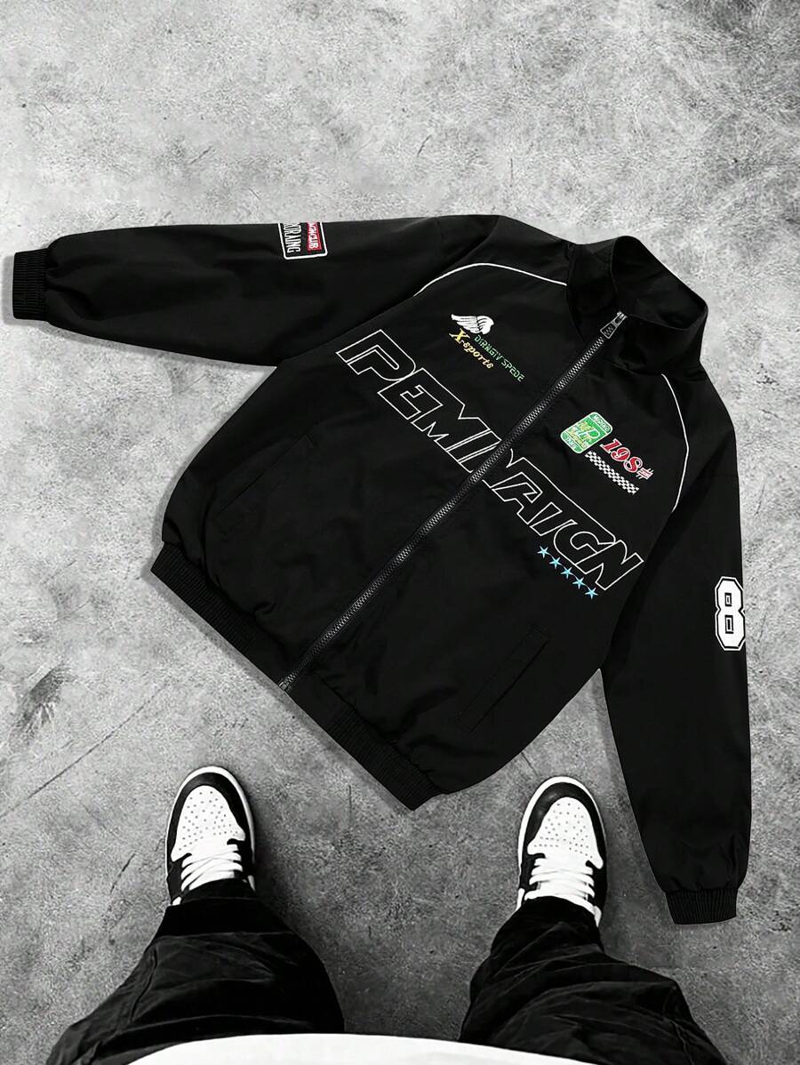 Men's Casual Letter Printed Long Sleeve Jacket, Spring & Fall Going Out Street Wear Racing Jacket Black Biker Jacket, Long Sleeve Going Out Designer Bomber Jacket, Streetwear Edition, For Friends, Husband, Boyfriend Gifts,