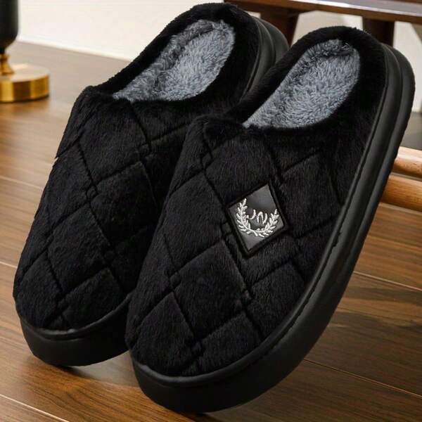 Men's Winter House Slippers, Plush Warm And Comfortable Bedroom Shoes, Memory Foam Quilted Thick Sole Slip-On Men's Slippers, Black