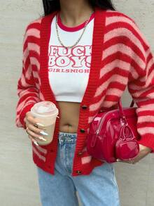 GLOpass Women's Autumn/Winter Y2K Striped Texture Casual Fashion Knit Cardigan, Striped Contrast Button Front Sweater Top