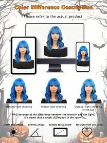 Peluca sintética resistente al calor de 14 pulgadas con flequillo, ondas de agua y ondas rizadas, de estilo Halloween, en colores naranja, azul, rosa rojo y azul mezclado, para mujeres, para uso diario, fiestas, Navidad, festivales de música, carnaval y Año Nuevo como regalo