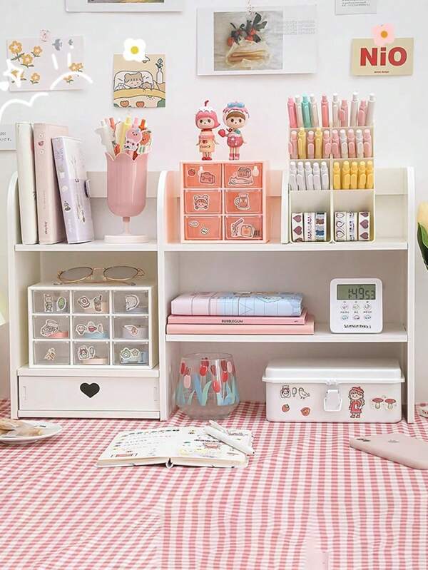 1 pieza Organizador de escritorio blanco, adecuado para dormitorio, sala de estar, oficina, escritorio, tocador, dormitorio, sostiene bolígrafos, marcadores, cintas, figuritas, libros, computadoras, tazas, cosméticos y otros artículos de escritorio. (Por favor, no instale a la fuerza, tamaño estándar para uso en el escritorio)