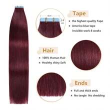 20PCS 50G Tape In Hair Extensions Human Hair, #99J Burgundy Color, 16-26 Inch Double Sided Tapes Ins Human Hair Extensions,  Adhesive Extension Seamless Invisible Skin Weft, Silky Straight With Thick Ends, Remy Human Hair Add Length For Woman Everyday Hairstyle Cosplay Daily Wedding Party Halloween Use - S99J - Xem 2
