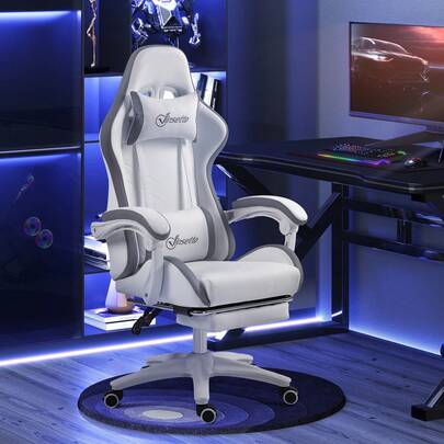  Vinsetto Chaise gaming fauteuil gaming ergonomique repose-pieds télescopique, inclinable à 135°, appui-tête réglable et support lombaire, fauteuil de bureau 360° rotatif , blanc