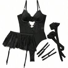 Sexy Stocking Heart Rhinestones Underwire Babydoll Lace Mesh Garter