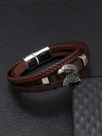 男士手链 - 复古个性鹰头皮革编织 - 多层简约皮绳磁扣手链
