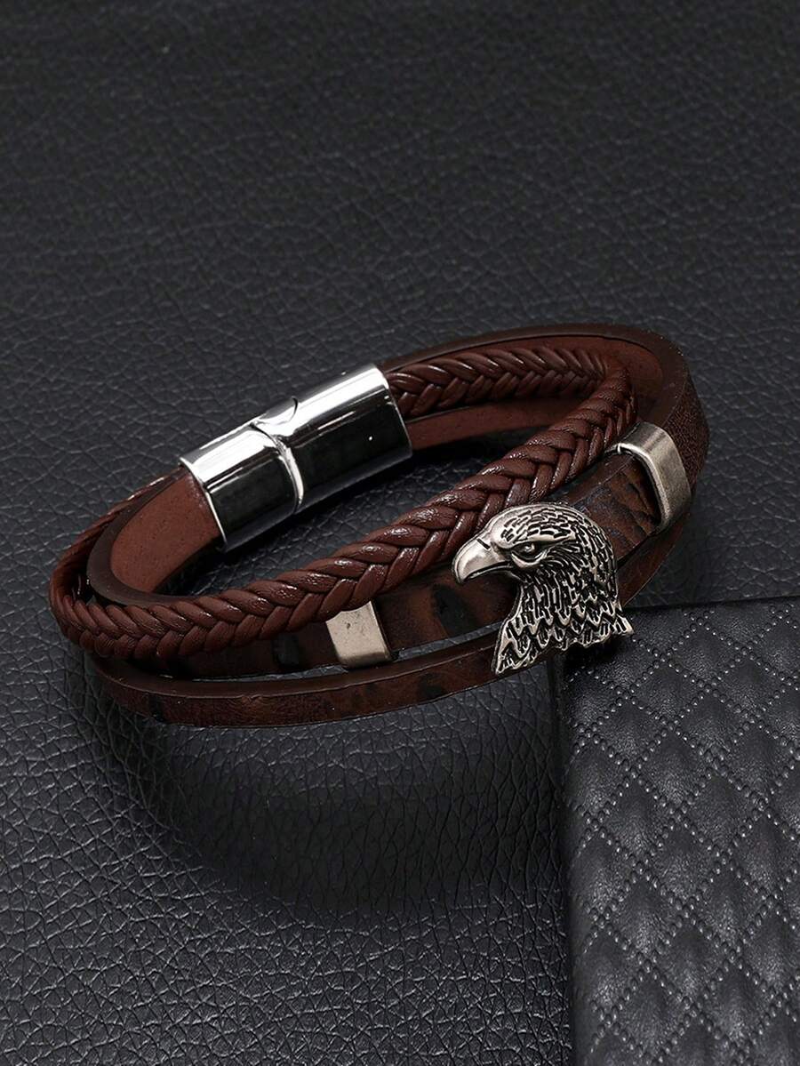 Vòng tay nam - Vòng tay da bện đầu đại bàng cổ điển cá nhân hóa - Vòng tay dây da đơn giản nhiều lớp có khóa từ - Loại bướm - Xem 1
