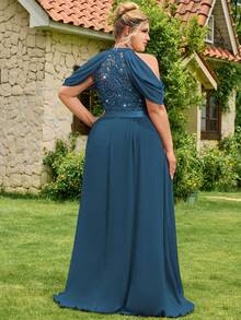 Plus Halter Neck Sequin Floral Lace Cutout Shoulder Cape Sleeve Contrast Chiffon Pleated Hem Formal Party Dress Prom Wedding Guest Gown, For Graduation, Dinner - Màu xanh bụi bặm - Xem 2