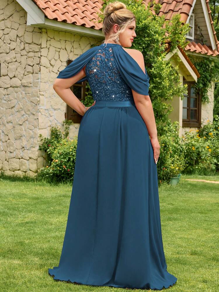 Plus Halter Neck Sequin Floral Lace Cutout Shoulder Cape Sleeve Contrast Chiffon Pleated Hem Formal Party Dress Prom Wedding Guest Gown, For Graduation, Dinner, Birthday - Dusty Blue - View 2