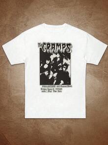 Camiseta gráfica vintage de la banda de rock Gramps para hombres y mujeres - blanca de manga corta con cuello redondo, top casual con estampado retro negro y gris, lavable a máquina, ropa de calle diaria, camisetas vintage - Negro - Ver 7