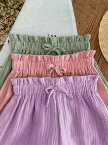 3件套青少年女孩夏季松紧腰纯色短裤，100%纯棉绉布面料，舒适透气，甜美蝴蝶结腰部装饰 - 紫色 - 查看 3