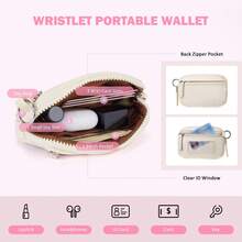 POIUGOYA Keychain Wristlet Wallet, Zip Around Dual Pouch Wristlet Portable, Nylon Secure Coin Purse Small Wallet With Key Ring, Fashion Women's Cute Wallet With RFID, Identification Window - Pink & Beige - View 5