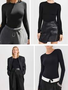 1件装女士无缝黑色圆领长袖连体衣，性感塑身连体衣，收腹、束腰、塑形 - 黑色 - 查看 7