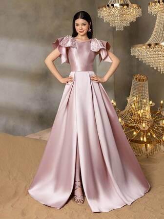 Alisa&Leo 少女缎面晚礼服，肩部饰有珍珠蝴蝶结，适合毕业舞会、婚礼宾客、正式晚宴和盛大晚宴等正式场合。