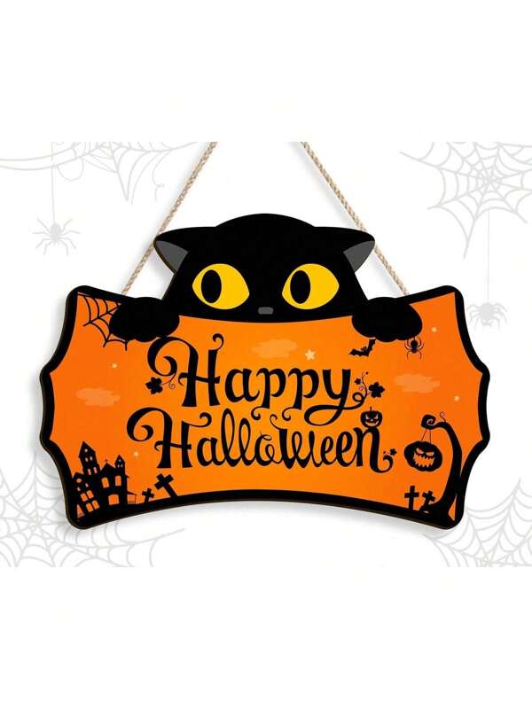 1 Stück Halloween Holzschild "Fröhlich" für Haustür mit niedlicher Katze, Halloween Veranda/Haustür Dekoration geeignet für Bar, Willkommensschild niedliche Katze Wanddekoration Wandplakette Halloween Party Atmosphäre Dekoration