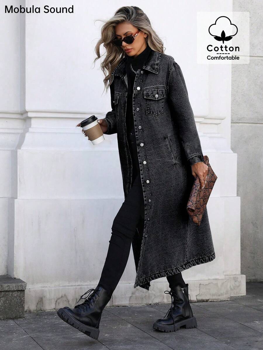 Mobula Sound# Casual Fashionable Elegant College Student Y2K Style Long Denim Jacket, Versatile For Spring, Summer, Autumn