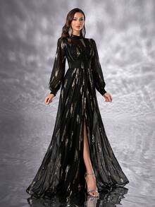 YISIKADO Women Elegant Dress Sequin Contrast Chiffon Glittery Dress High Neck High-Waisted Lantern Sleeve Birthday Party Wedding Guest Banquet Dinner Graduation Dinner Ceremony Celebration Ceremonial Dress - 彩色 - 查看 3