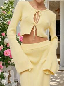 Women's Knit Sweater Long Sleeve Round Neck Tie-Up Front Solid Color Cardigan Fall Sweater - Yellow - View 4