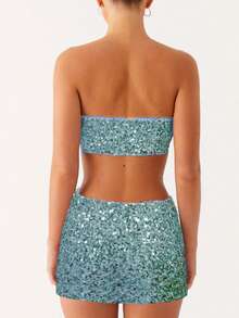 Women Sequin Sparkly Mini Skirt Set Y2K Starfish Shiny Bra Tops And Low Rise Bodycon Mini Skirt Set Summer Glitter Going Out Club Suit - 綠色 - 查看 2