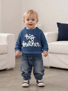 Toddler Boys Knitted Jumper Big Bro Letter Embroidery Round Neck Pullover Sweater Baby Warm Knit Tops Pullover Knitwear - 西部藍 - 查看 5