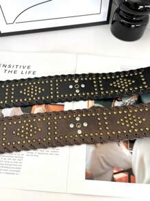 1 件几何图案波西米亚复古 PU 皮革铆钉水钻编织宽腰带，适合裤子、裙子、各种节日、音乐会、Y2K、朋克、复古、西部牛仔风格秋季、秋季、万圣节 - 彩色 - 查看 8