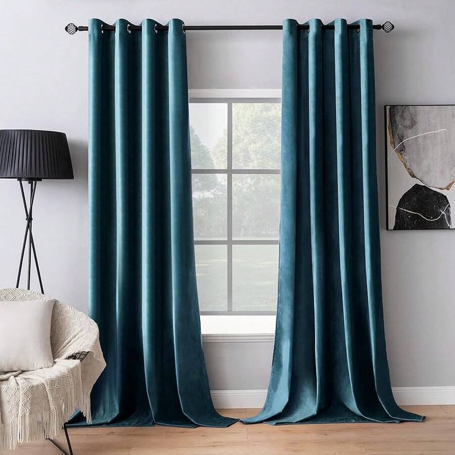 2 Panels Blackout Curtains Solid Soft Grommet Mustard Yellow Thermal Insulated Soundproof Room Darkening Curtains/Drapes/Panels Fall Living Room Bedroom 52 X 90 Inch - 孔雀藍 - 查看 1
