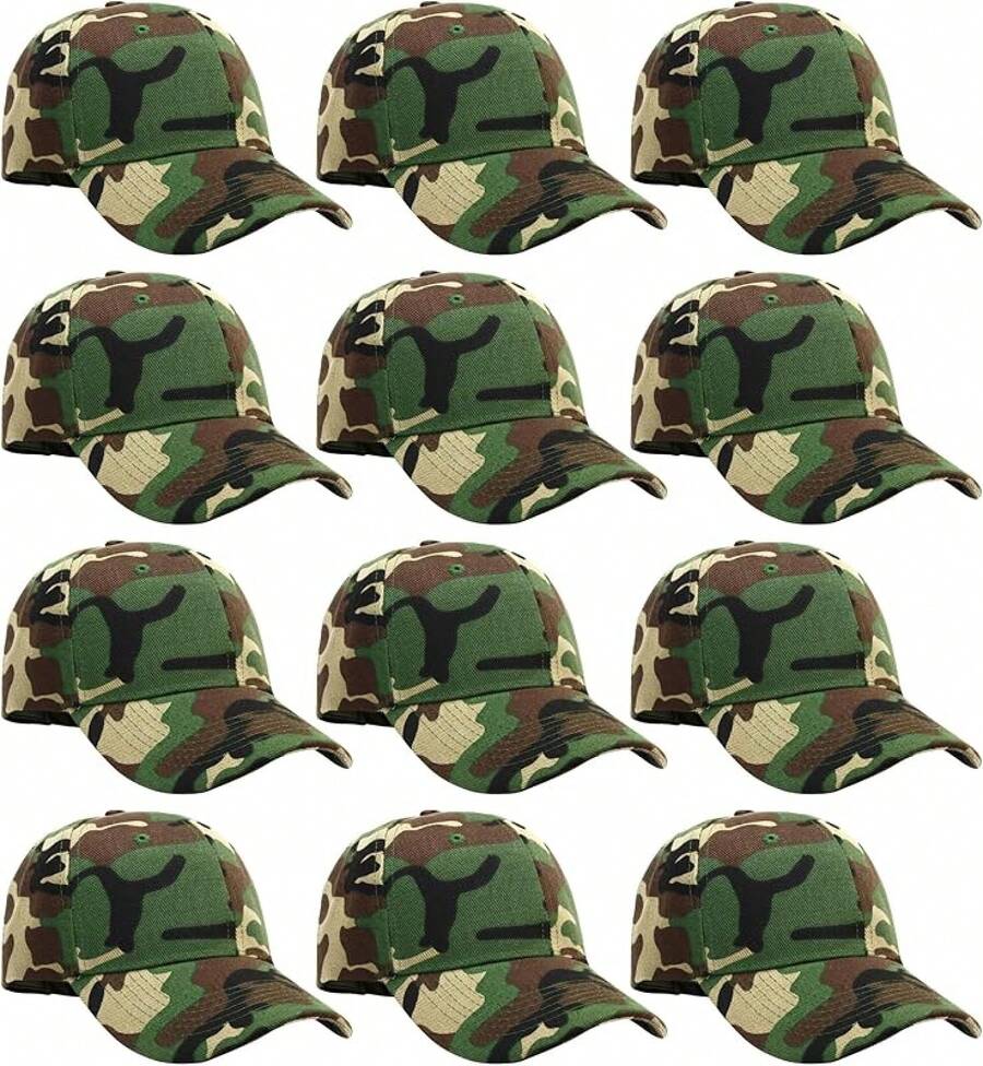 Bulk Lot 12-Pack Adjustable Size Plain Blank Solid Color Baseball Caps - Camouflage - Woodland - View 1