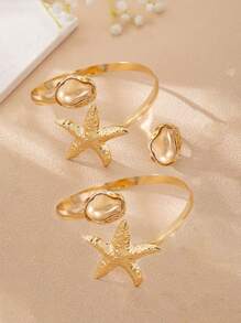3 Stücke Boho-Stil Mode gehämmerte Metall Seestern Faux Barock Perle Armband Armreif Ring Set, Frauen Sommer Urlaub Party Schmuckset