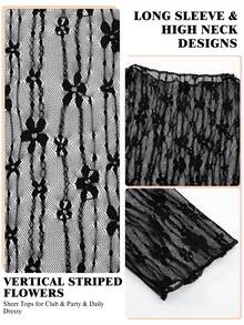 Mesh Long Sleeve Top For Women, Lace Sheer Tops See Through Mock Neck Floral Embroidery Sheer Blouce Fishnet Shirt - Đen tối - Xem 5