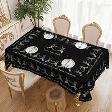 1pc Halloween Tablecloth - Black & White Ghost Hand, Cat, Moon, Skull Pattern - Wrinkle-Resistant Polyester Rectangular/Round Tablecloth, Suitable For Indoor/Outdoor Theme Parties, Holiday Dinners, Home Decor, Machine Washable, Easy Care, Perfect For Holiday Atmosphere Lovers