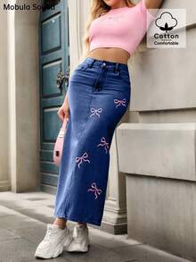 Mobula Sound 中东春夏 Y2K 青春性感音乐节学生学院百搭休闲度假时尚服饰可爱蝴蝶结刺绣紧身牛仔中裙 - 深藍 - 查看 2