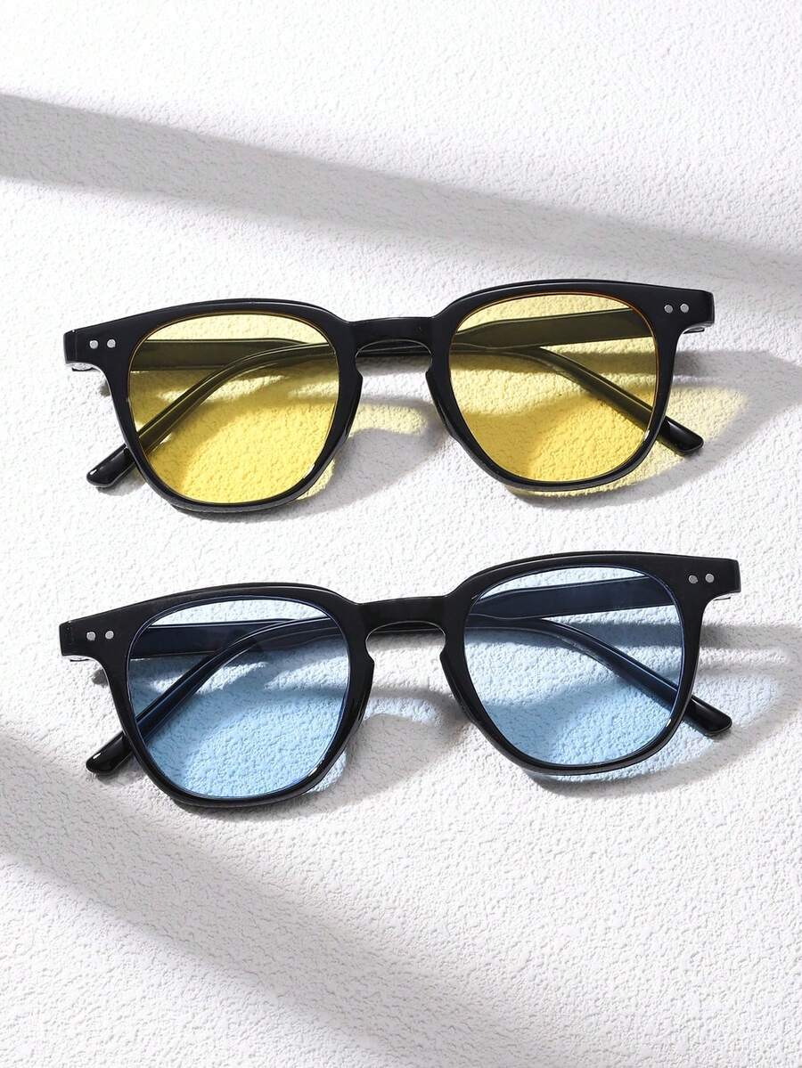 2副男士时尚眼镜，亚克力材质，休闲小矩形海洋风，黑色时尚眼镜，适合度假、外出和搭配服装。 - 彩色 - 查看 1