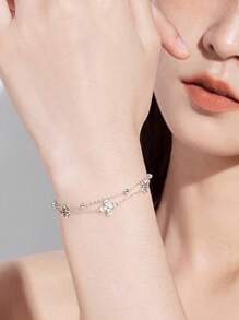 1pc Niche Design Minimalist Zirconia Flower Double Layer Bracelet (Tail Chain And Clasp Randomly Included)