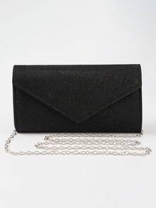 亮片信封手提包，女士晚宴手拿包，女士日常手拿包，闪亮金属链条斜挎包，适合婚礼派对，银色和黑色 - 黑色 - 查看 6